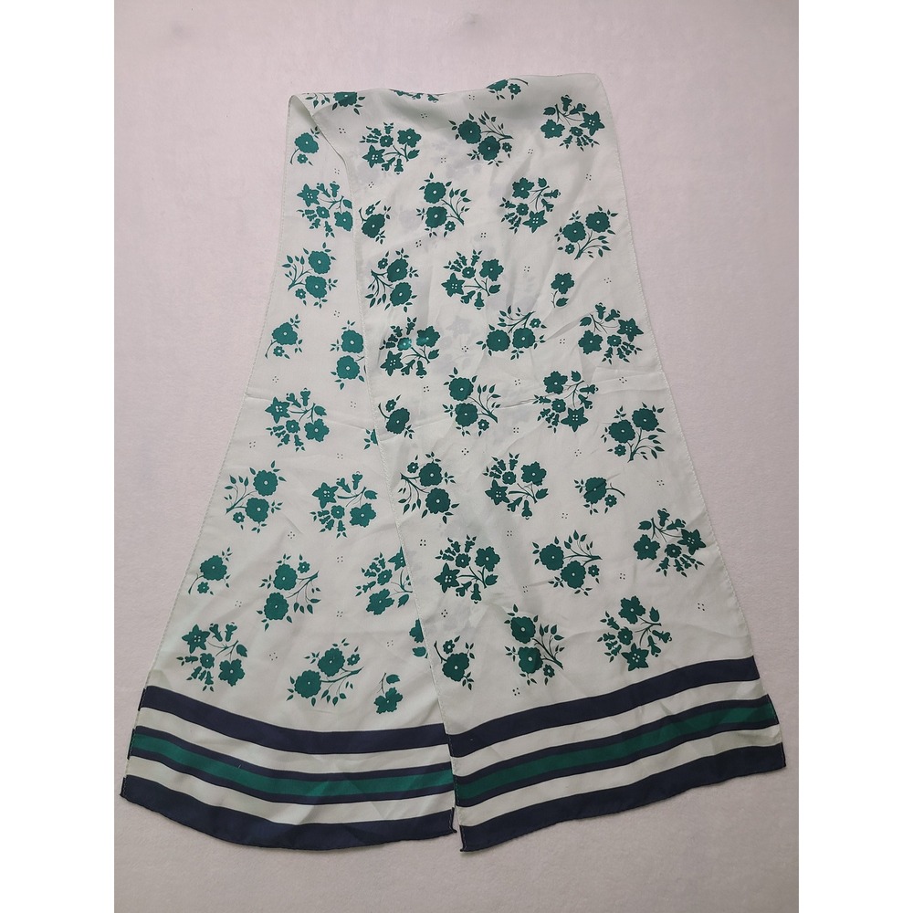VTG Talbots Scarf Preppy Floral Striped White Green 100% Silk Japan Old Money